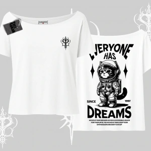Everyone Has Dreams Yazılı Astronot Kedi Arka Baskılı Kayık Yaka Tshirt