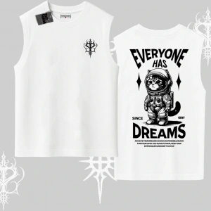 Everyone Has Dreams Yazılı Astronot Kedi Arka Baskılı Kolsuz Tshirt