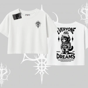 Everyone Has Dreams Yazılı Astronot Kedi Arka Baskılı Oversize Crop Tshirt