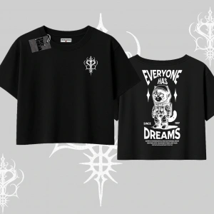 Everyone Has Dreams Yazılı Astronot Kedi Arka Baskılı Oversize Crop Tshirt