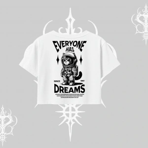 Everyone Has Dreams Yazılı Astronot Kedi Arka Baskılı Oversize Crop Tshirt