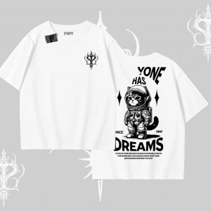Everyone Has Dreams Yazılı Astronot Kedi Arka Baskılı Oversize Tshirt