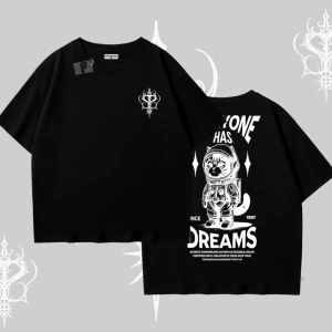 Everyone Has Dreams Yazılı Astronot Kedi Arka Baskılı Oversize Tshirt