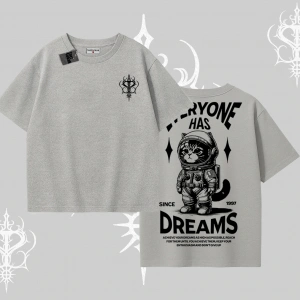 Everyone Has Dreams Yazılı Astronot Kedi Arka Baskılı Oversize Tshirt