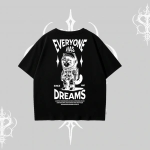 Everyone Has Dreams Yazılı Astronot Kedi Arka Baskılı Oversize Tshirt