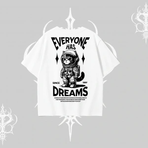 Everyone Has Dreams Yazılı Astronot Kedi Arka Baskılı Oversize Tshirt