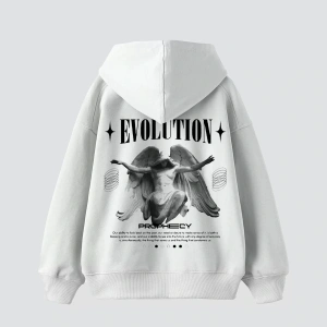 Evolution Baskılı Oversize Unisex Kapüşonlu Beyaz