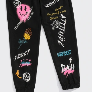Expression & Letter Graphic Drawstring Waist Pants