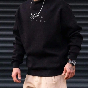 Extended Sizes Plus Letter Mountain Graphic Sweatshirt Siyah