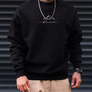 Extended Sizes Plus Letter Mountain Graphic Sweatshirt Siyah