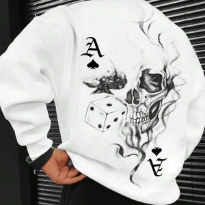 Extended Sizes Plus Playing Card & Skull Print Drop Shoulder Sweatshirt Beyaz