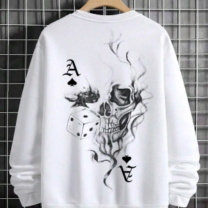 Extended Sizes Plus Playing Card & Skull Print Drop Shoulder Sweatshirt Beyaz