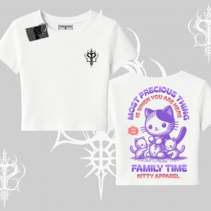 Family Time Yazılı Sevimli Anne Kedi Arka Baskılı Babby Tee Tshirt