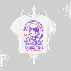Family Time Yazılı Sevimli Anne Kedi Arka Baskılı Babby Tee Tshirt