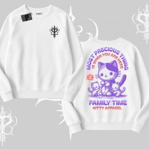 Family Time Yazılı Sevimli Anne Kedi Arka Baskılı Biskilet Sweatshirt