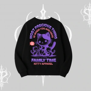 Family Time Yazılı Sevimli Anne Kedi Arka Baskılı Biskilet Sweatshirt