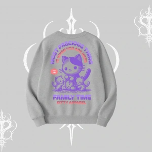 Family Time Yazılı Sevimli Anne Kedi Arka Baskılı Biskilet Sweatshirt