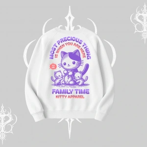 Family Time Yazılı Sevimli Anne Kedi Arka Baskılı Biskilet Sweatshirt