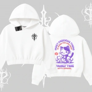 Family Time Yazılı Sevimli Anne Kedi Arka Baskılı Kapşonlu Crop Sweatshirt