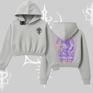 Family Time Yazılı Sevimli Anne Kedi Arka Baskılı Kapşonlu Crop Sweatshirt