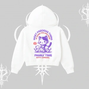 Family Time Yazılı Sevimli Anne Kedi Arka Baskılı Kapşonlu Crop Sweatshirt
