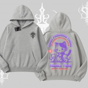 Family Time Yazılı Sevimli Anne Kedi Arka Baskılı Kapşonlu Sweatshirt