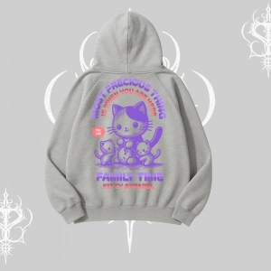 Family Time Yazılı Sevimli Anne Kedi Arka Baskılı Kapşonlu Sweatshirt