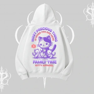 Family Time Yazılı Sevimli Anne Kedi Arka Baskılı Kapşonlu Sweatshirt