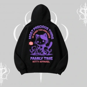 Family Time Yazılı Sevimli Anne Kedi Arka Baskılı Kapşonlu Sweatshirt