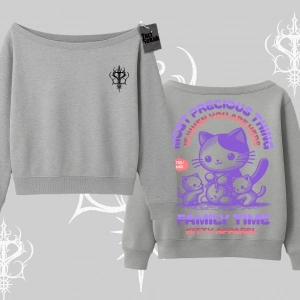 Family Time Yazılı Sevimli Anne Kedi Arka Baskılı Kayık Yaka Sweatshirt