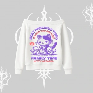 Family Time Yazılı Sevimli Anne Kedi Arka Baskılı Kayık Yaka Sweatshirt