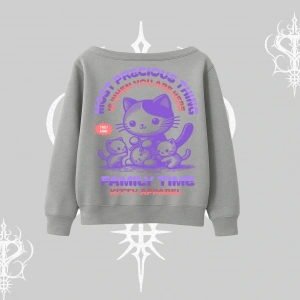 Family Time Yazılı Sevimli Anne Kedi Arka Baskılı Kayık Yaka Sweatshirt