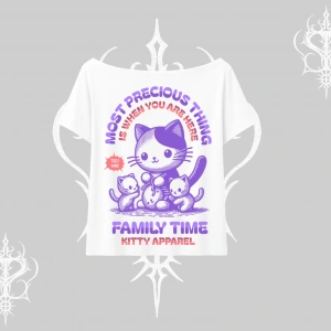 Family Time Yazılı Sevimli Anne Kedi Arka Baskılı Kayık Yaka Tshirt