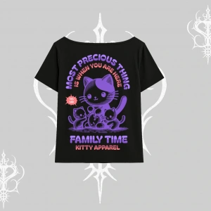 Family Time Yazılı Sevimli Anne Kedi Arka Baskılı Kayık Yaka Tshirt