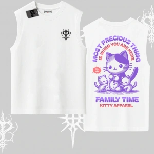 Family Time Yazılı Sevimli Anne Kedi Arka Baskılı Kolsuz Tshirt