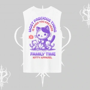 Family Time Yazılı Sevimli Anne Kedi Arka Baskılı Kolsuz Tshirt