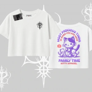Family Time Yazılı Sevimli Anne Kedi Arka Baskılı Oversize Crop Tshirt
