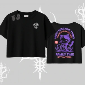 Family Time Yazılı Sevimli Anne Kedi Arka Baskılı Oversize Crop Tshirt