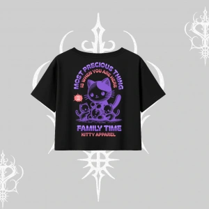 Family Time Yazılı Sevimli Anne Kedi Arka Baskılı Oversize Crop Tshirt