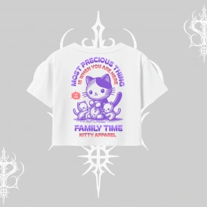 Family Time Yazılı Sevimli Anne Kedi Arka Baskılı Oversize Crop Tshirt