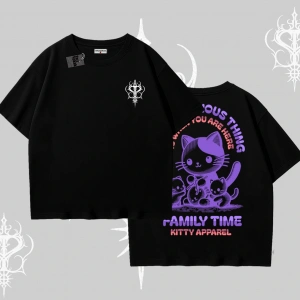 Family Time Yazılı Sevimli Anne Kedi Arka Baskılı Oversize Tshirt