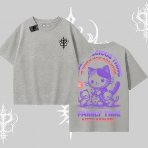 Family Time Yazılı Sevimli Anne Kedi Arka Baskılı Oversize Tshirt