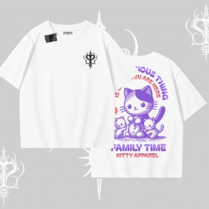Family Time Yazılı Sevimli Anne Kedi Arka Baskılı Oversize Tshirt