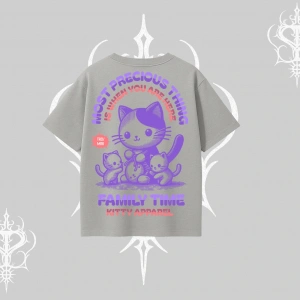 Family Time Yazılı Sevimli Anne Kedi Arka Baskılı Oversize Tshirt