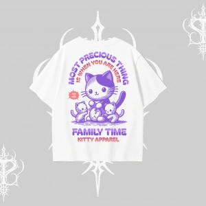 Family Time Yazılı Sevimli Anne Kedi Arka Baskılı Oversize Tshirt
