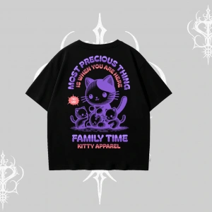 Family Time Yazılı Sevimli Anne Kedi Arka Baskılı Oversize Tshirt