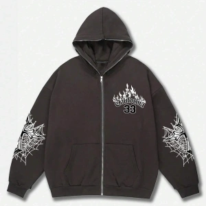 Fermuarlı Sweatshirt Goth Guys Letter Graphic Gri