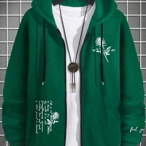 Fermuarlı Sweatshirt Manfinity Hypemode Men Floral & Slogan Graphic Drawstring Sweatshirt Yeşil