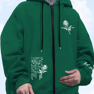 Fermuarlı Sweatshirt Manfinity Hypemode Men Floral & Slogan Graphic Drawstring Sweatshirt Yeşil