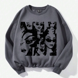 Figür Grafikli Düşük Omuzlu Termal Sweat Gri